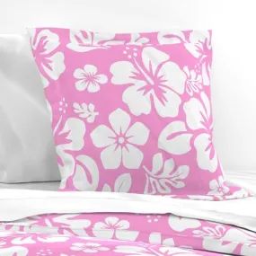 White Hawaiian Hibiscus Flowers on Pink Euro Pillow Sham