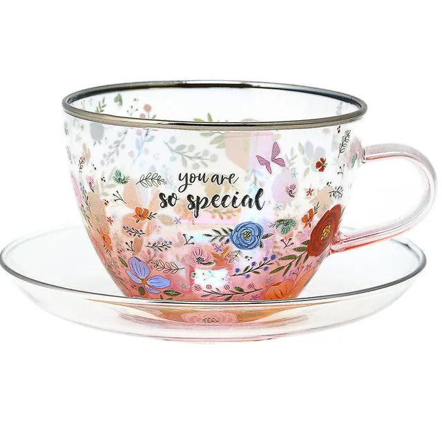 You Are So Special Floral Glass Teacup and Saucer Set